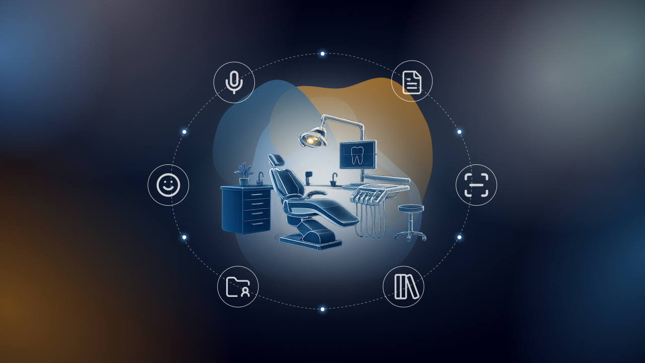Fauteuil dentaire entouré d'un cercle d'icônes représentant les usages de l'intelligence artificielle en cabinet dentaire.