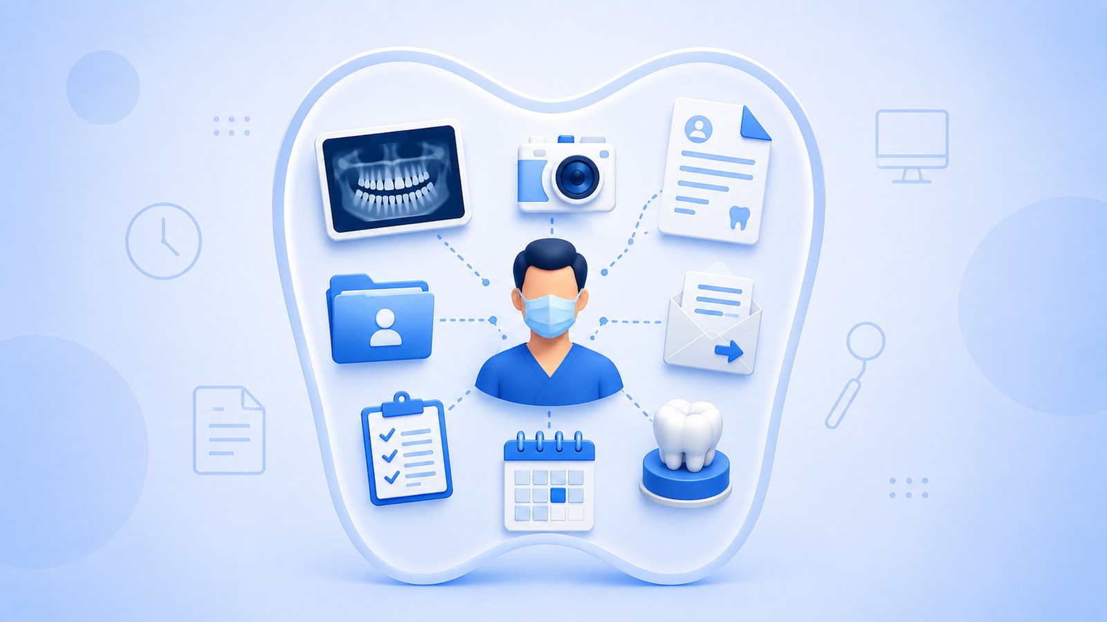 Illustration d'un dentiste entouré de radiographies, photographies, documents cliniques et dossiers patients centralisés dans un environnement numérique.